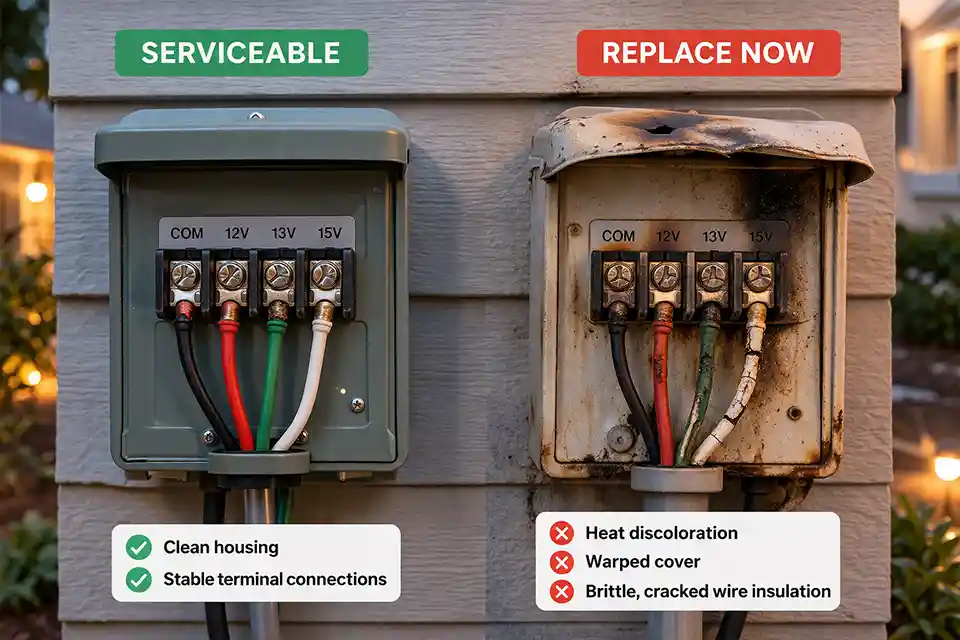 Comparison of a serviceable low-voltage transformer and a heat-damaged transformer that should be replaced