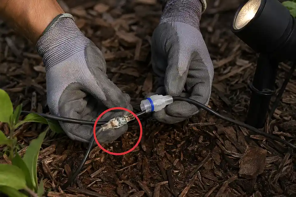 Diagram showing a corroded splice in an outdoor lighting run causing voltage drop and weak far-end fixtures