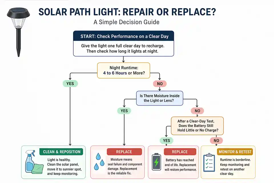 Decision diagram for solar light troubleshooting based on clear-day runtime, moisture inspection, and battery response