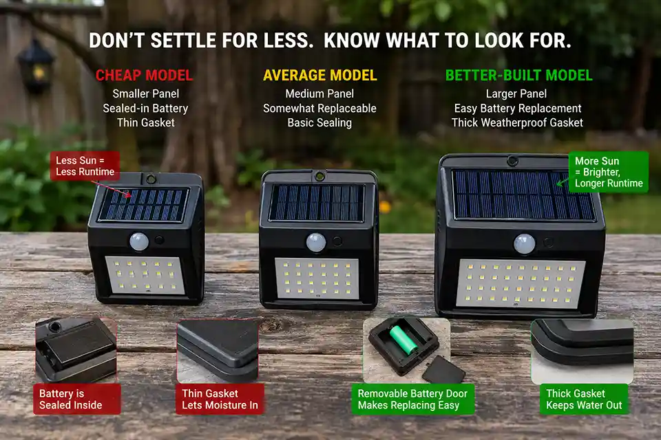Solar light comparison highlighting larger panel, replaceable battery compartment, and better weather sealing for fewer seasonal failures
