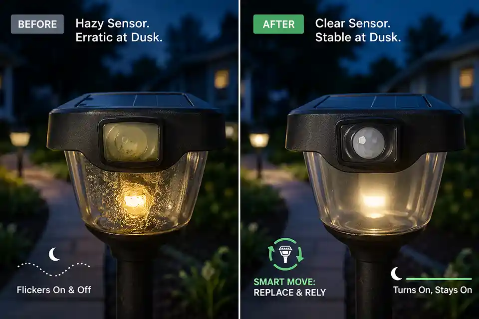 Before and after view of an aging solar light with a hazy moisture-affected sensor replaced by a new working fixture