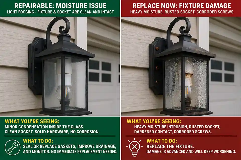 Comparison of a repairable garage entry light with minor moisture versus a damaged fixture with rust and corrosion that should be replaced.