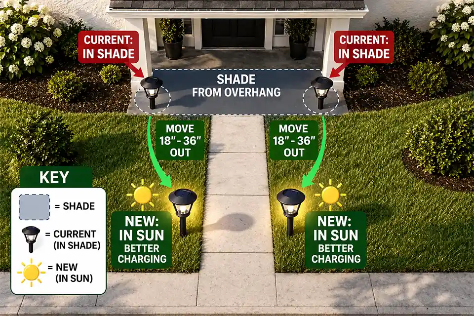 Diagram showing solar path lights moved outward from a roof overhang shade zone to a sunnier placement along the outer edge of a walkway.