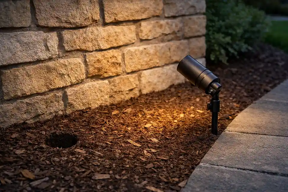 Outdoor spotlight moved about 24 inches away from a wall and aimed downward to reduce hotspot glare and improve light spread