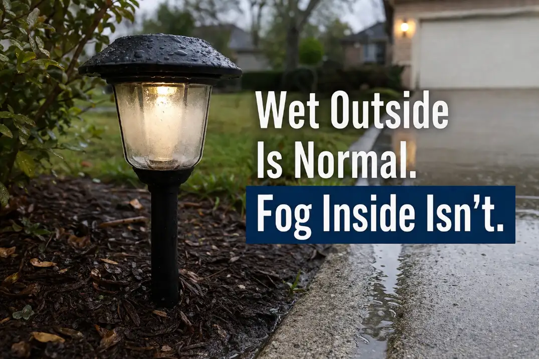 Driveway path light with fog inside the lens and overlay text explaining that exterior wetness is normal but trapped fog is not