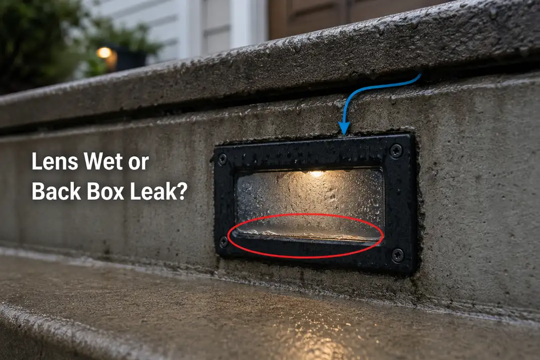 Water buildup inside an outdoor step light fixture with droplets behind the lens and staining below the stair riser.