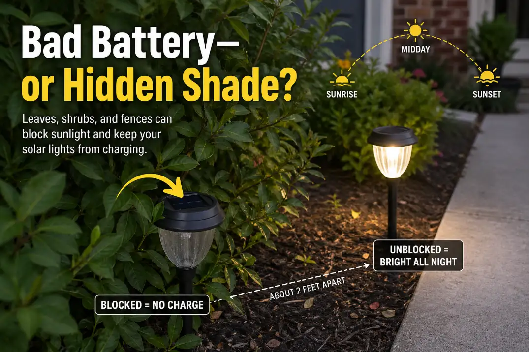 Solar garden light failing near overgrown bushes with overlay showing hidden shade blocking the solar panel.