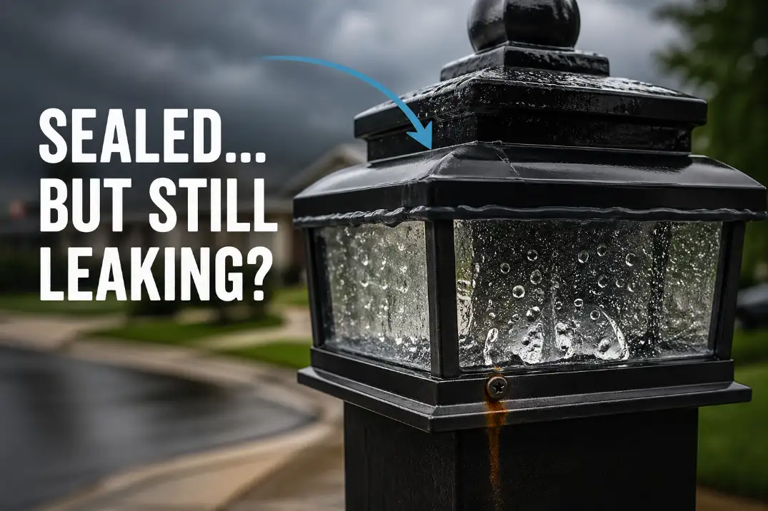 Mailbox post light with water inside despite sealed lens showing hidden leak path from post cap.