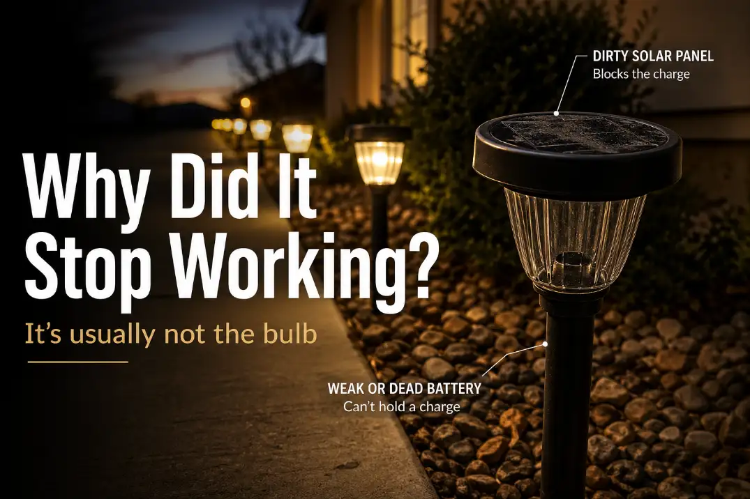 Solar path light stopped working while nearby lights still glow, with text noting the problem is usually not the bulb.