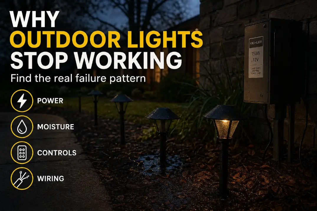 Outdoor lights stopped working with bold cover text and overlay showing power, moisture, control, and wiring failure points