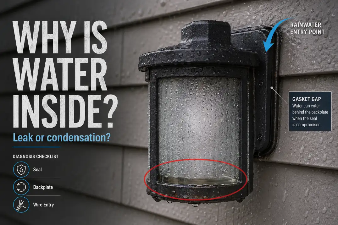 Outdoor wall light with water droplets inside, bold text asking why water is inside, and arrows showing a possible backplate leak path.