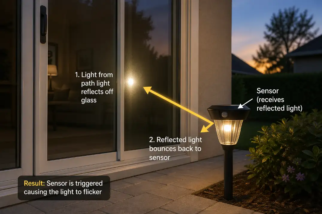 Solar path light flickering beside a glass patio door with reflected light bouncing back into the sensor
