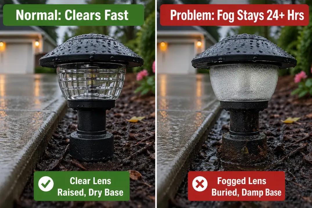 Comparison of normal wet driveway lighting and failing driveway lighting with fog that stays inside the lens for over 24 hours