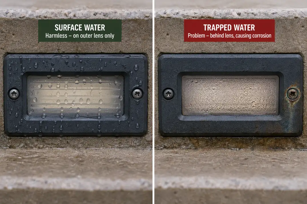 Comparison of normal rainwater on an outdoor stair light lens versus trapped water inside the fixture with corrosion.