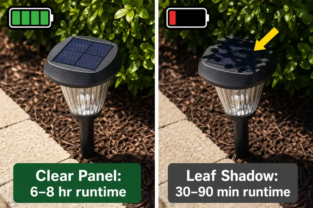 Comparison graphic showing a clear solar garden light panel versus a panel shaded by overgrown bush leaves.