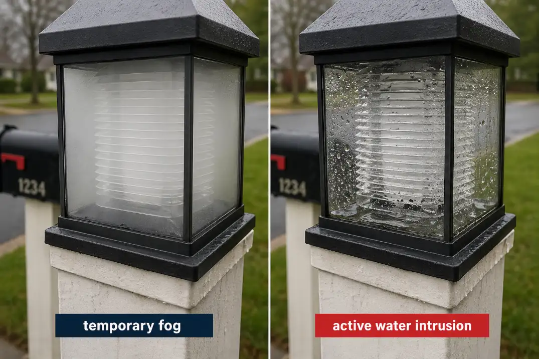 Comparison of temporary fog and active water intrusion inside a mailbox post outdoor light lens.