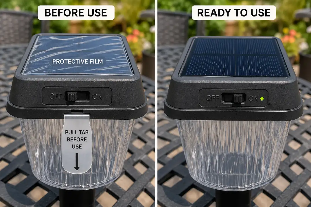 Comparison of a new solar light with pull tab and panel film still attached versus properly set up.