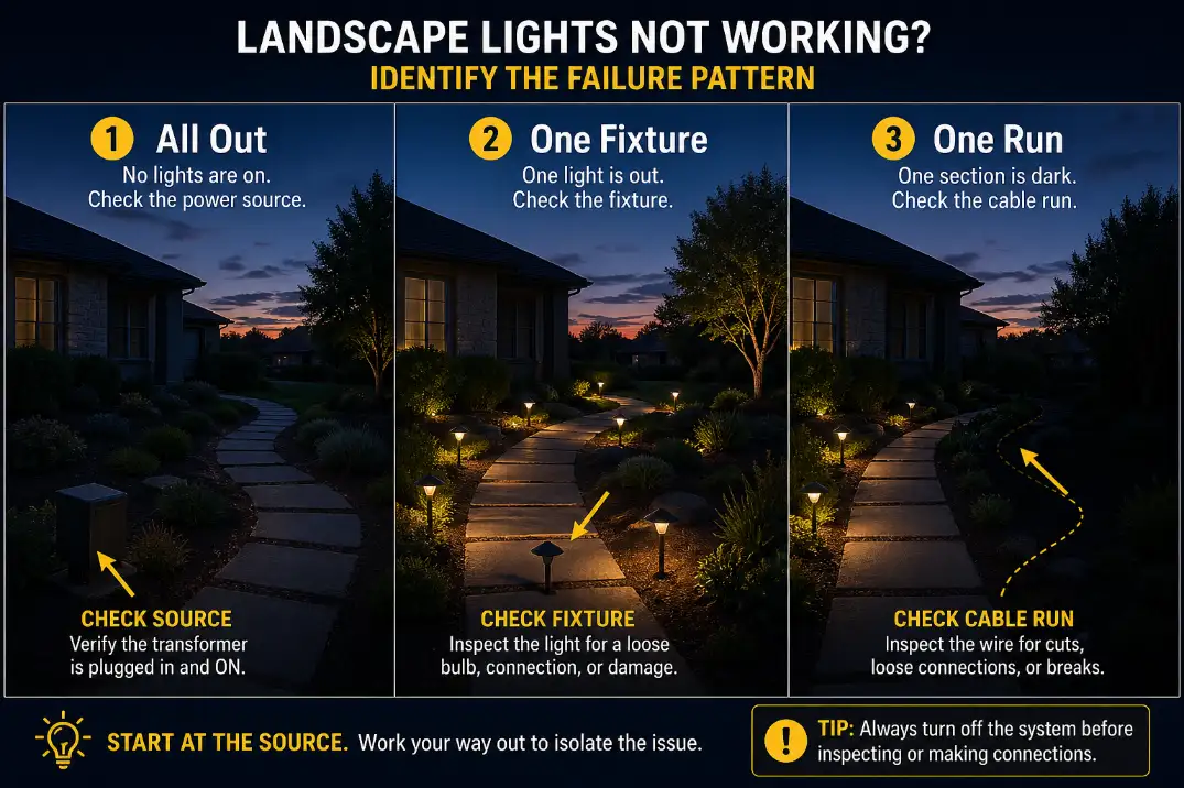 Comparison visual showing outdoor lights failing as all lights out, one fixture out, and one run out
