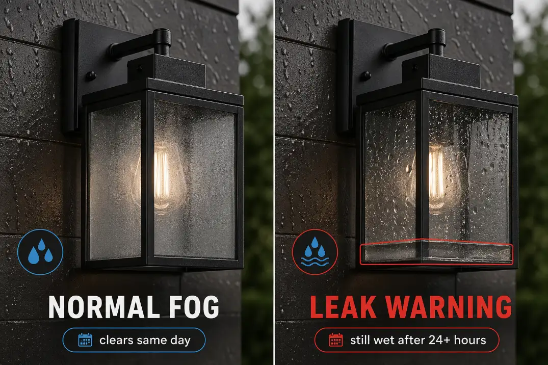 Comparison of normal condensation and leak warning signs inside outdoor lights, showing same-day fog versus 24-hour water pooling.