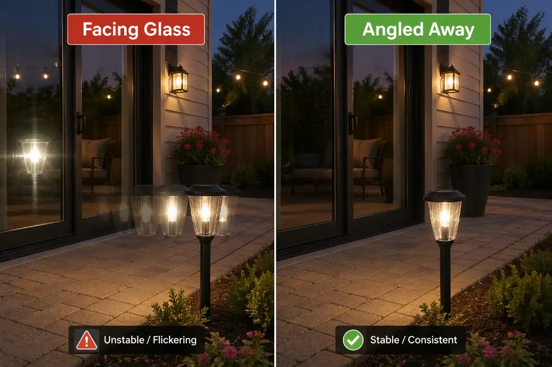 Comparison of the same solar light flickering when facing patio glass and glowing steadily after being angled away