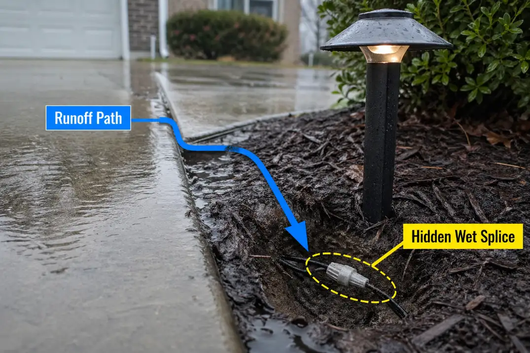 Driveway lighting fixture with graphic overlay showing runoff moving toward a hidden wet buried splice