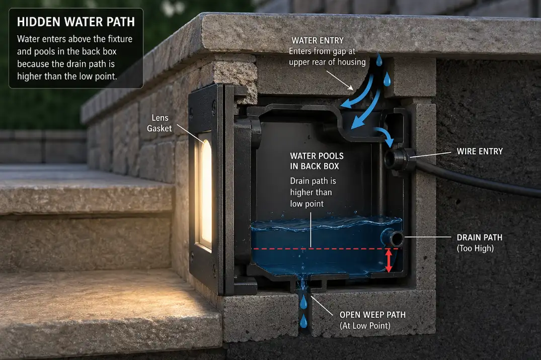 3D cutaway of a recessed outdoor step light showing water entering behind the fixture and pooling in the back box.