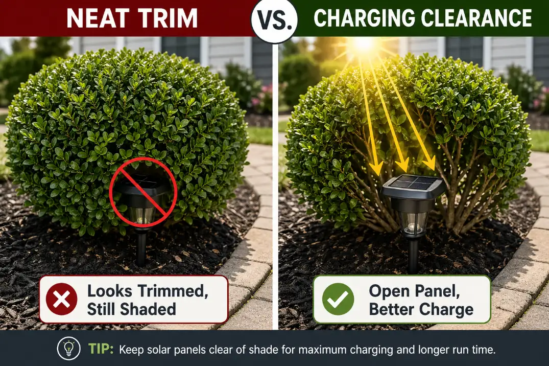 Graphic comparison showing poor shrub trimming versus proper clearance around a solar garden light panel.