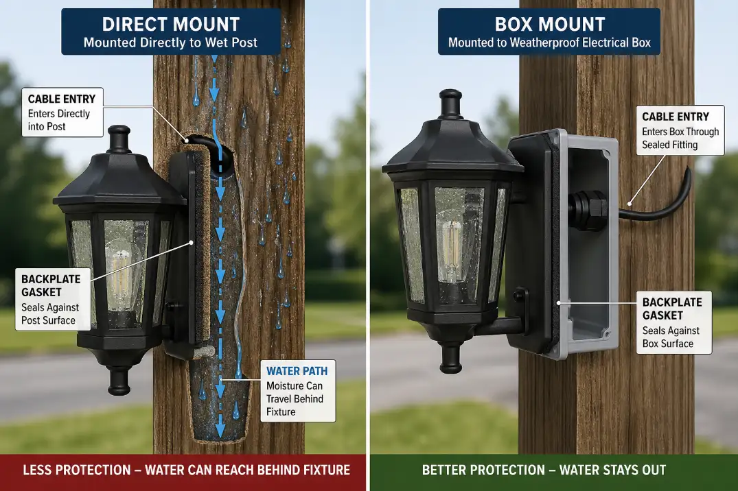 Comparison of a mailbox post light mounted directly to a wet post versus mounted on a weatherproof electrical box.