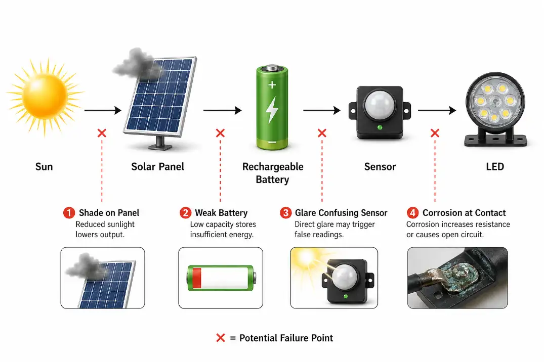 Diagram showing solar light failure points from shade and weak battery to sensor glare and corroded contacts.