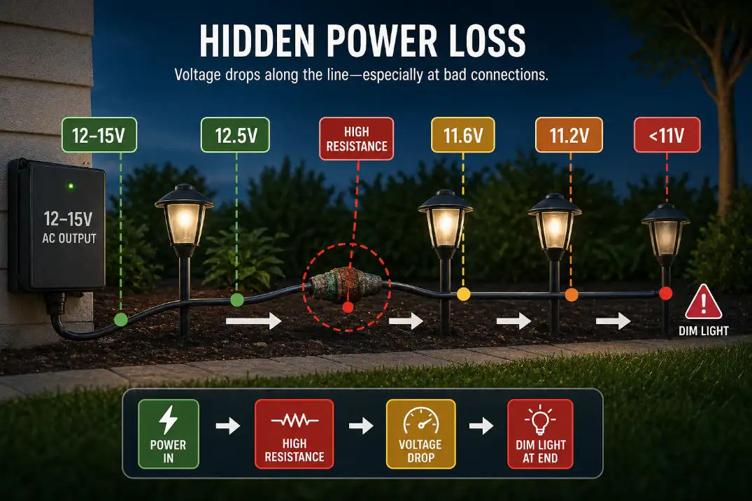 Diagram showing outdoor lighting voltage drop from transformer through cable and a corroded splice