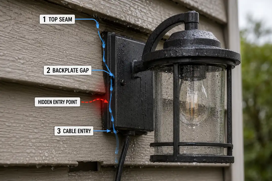 Outdoor wall light with premium overlay showing hidden water paths through the top seam, backplate gap, and cable entry.