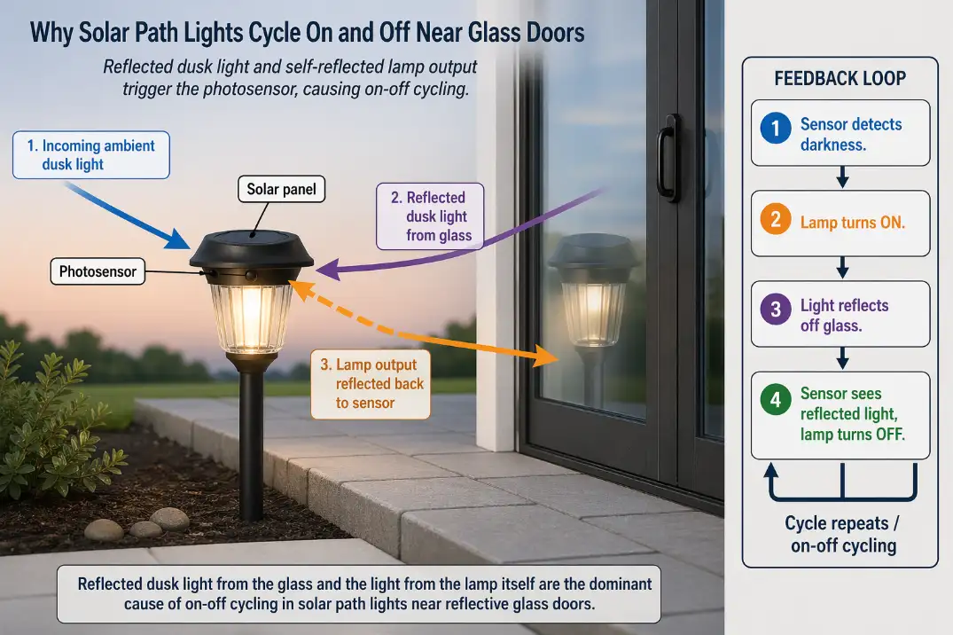 Diagram showing reflected ambient light and lamp output bouncing off patio glass back into a solar light sensor