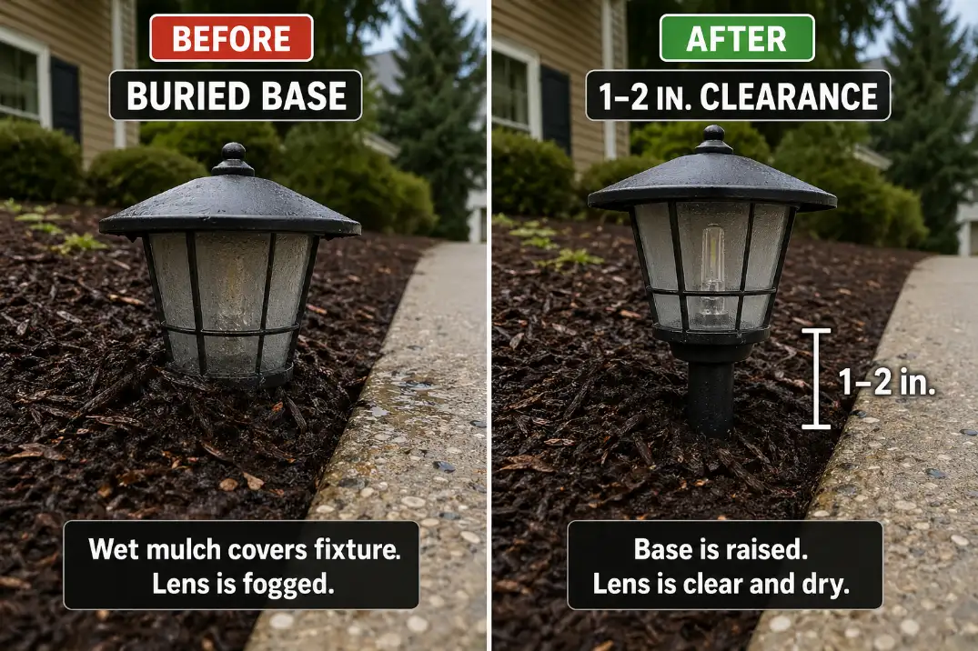 Before and after driveway path light repair showing a buried wet base changed to a raised base with one to two inches of clearance