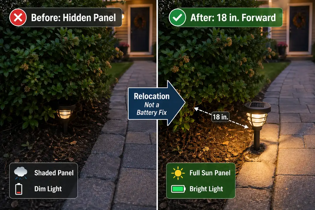 Before and after graphic showing a solar garden light moved away from overgrown bushes to restore panel sunlight.
