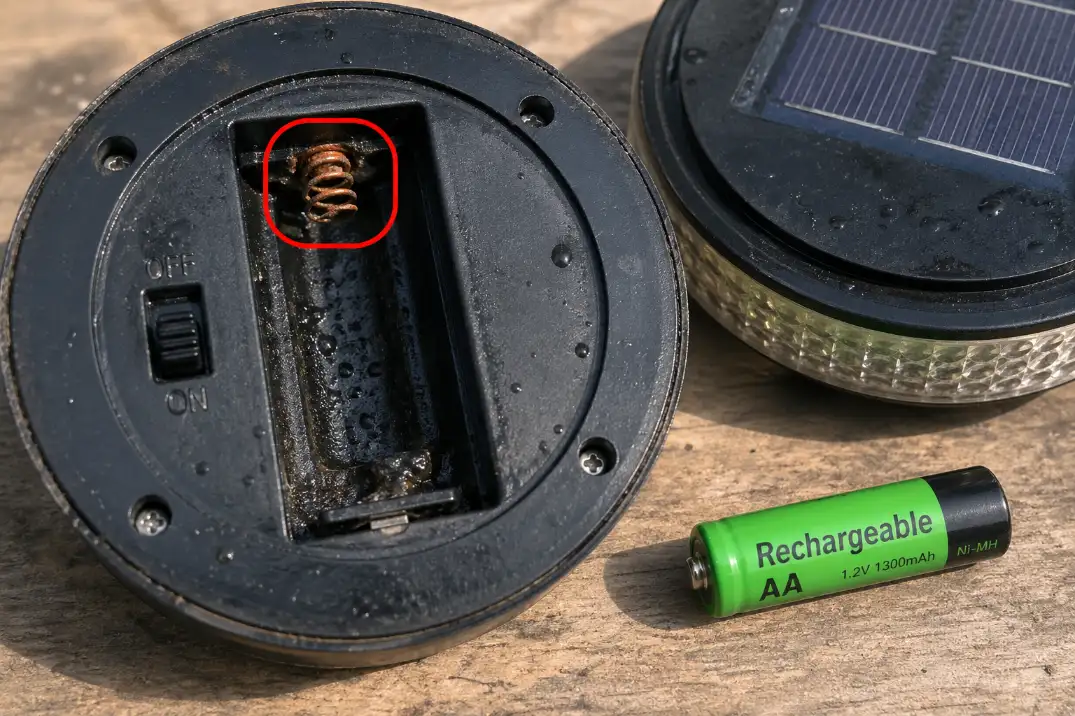 Opened solar light battery compartment with corroded contact and damp residue showing when replacement may be better than repair.
