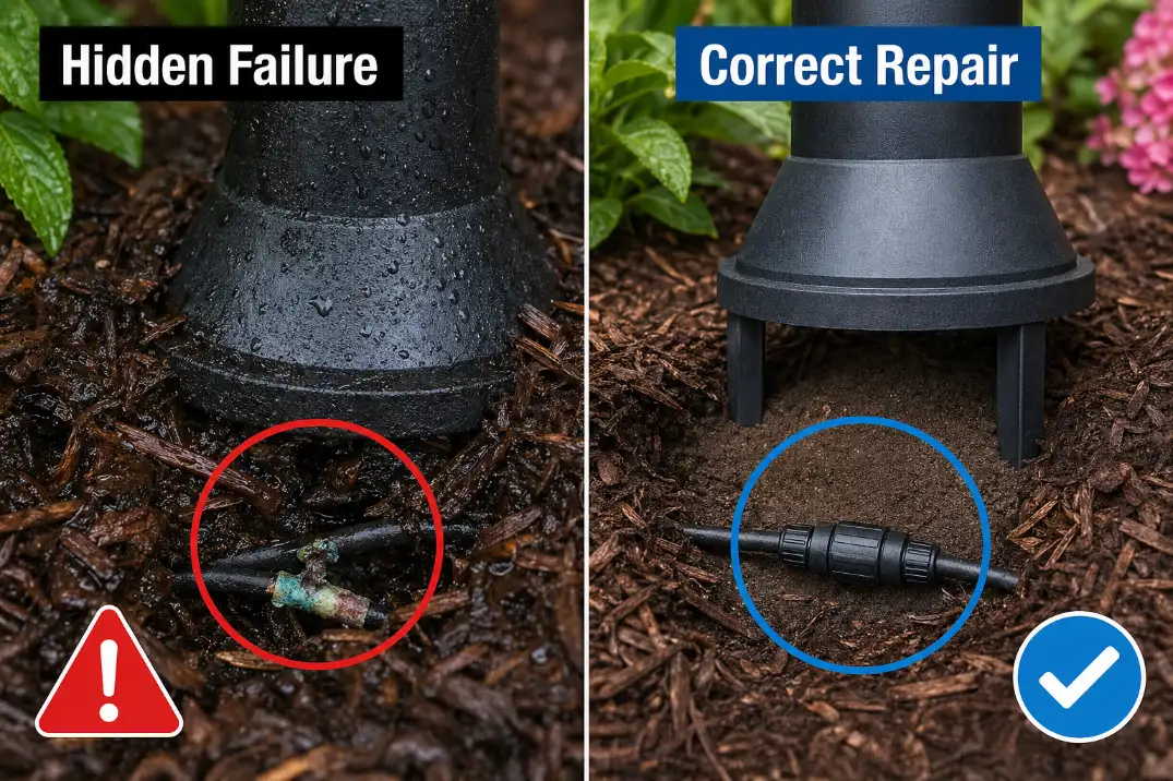 Before and after outdoor light repair showing a wet corroded splice replaced with a waterproof connector