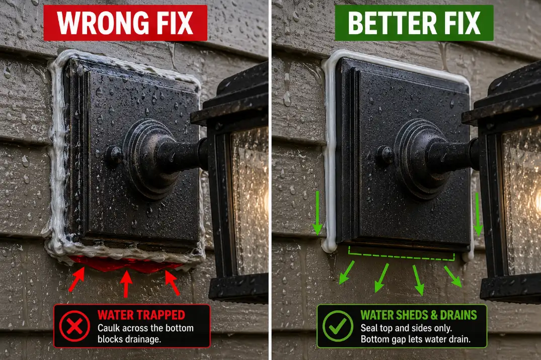 Before and after outdoor light sealing repair showing trapped water from sealing the bottom versus proper top and side sealing with drainage open.