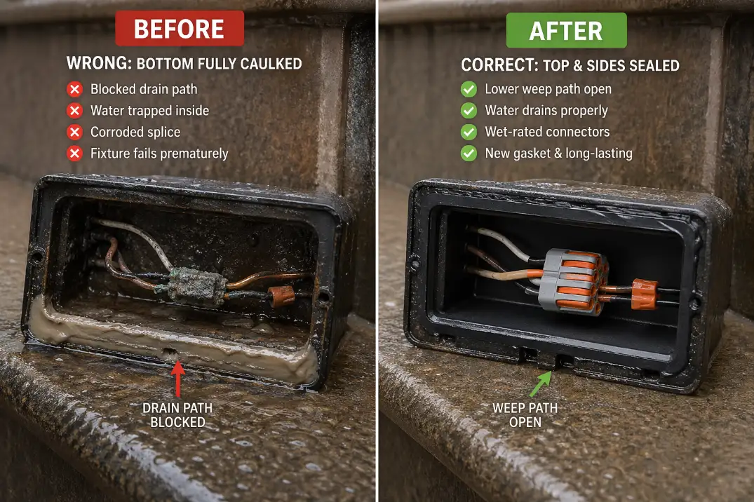 Before and after outdoor step light repair showing blocked caulked drainage replaced with open weep path, new gasket, and wet-rated connectors.