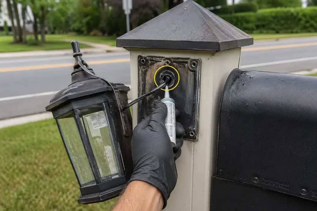 Mailbox post outdoor light removed for repair with cable entry hole highlighted for sealing against water intrusion.