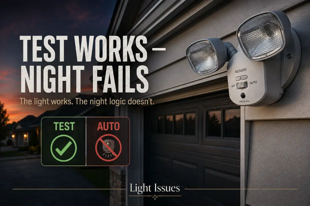 Outdoor security light off at night with bold cover text showing test mode works but night mode fails because the control logic is blocked.