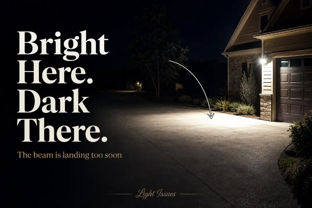 Outdoor floodlight creating a bright spot near the garage while the far end of the driveway stays dark because the beam lands too soon.