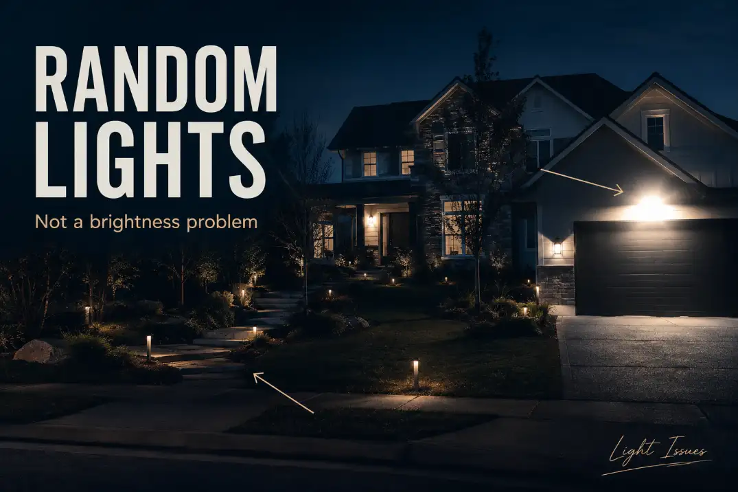 Premium cover image showing random outdoor lights with glare, uneven path spacing, dark walkway gaps, and text reading Random Lights