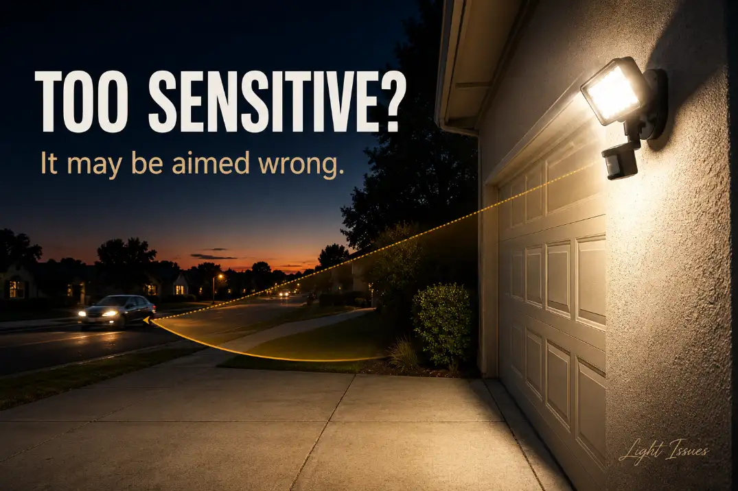 Outdoor motion sensor light too sensitive with sensor aimed toward the street and cover text saying it may be aimed wrong