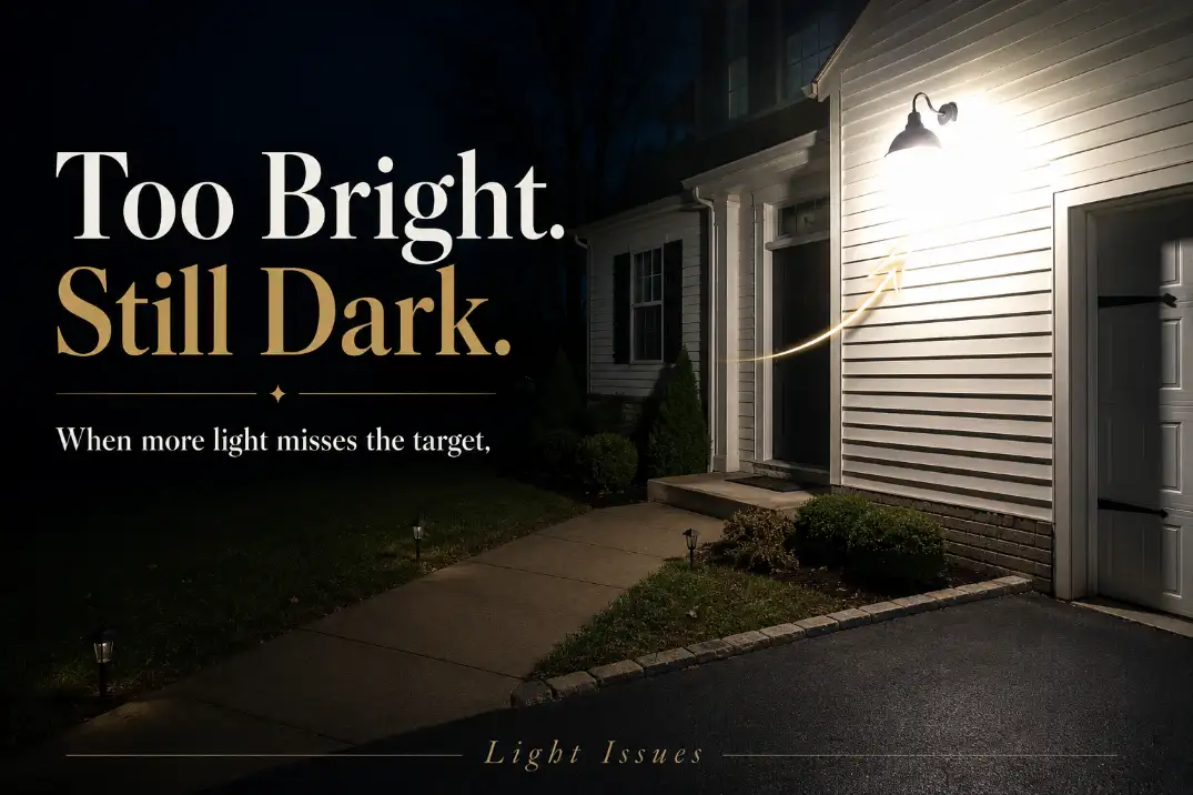 Outdoor wall light creating harsh glare on siding while the walkway remains dark with text showing that more light can miss the target