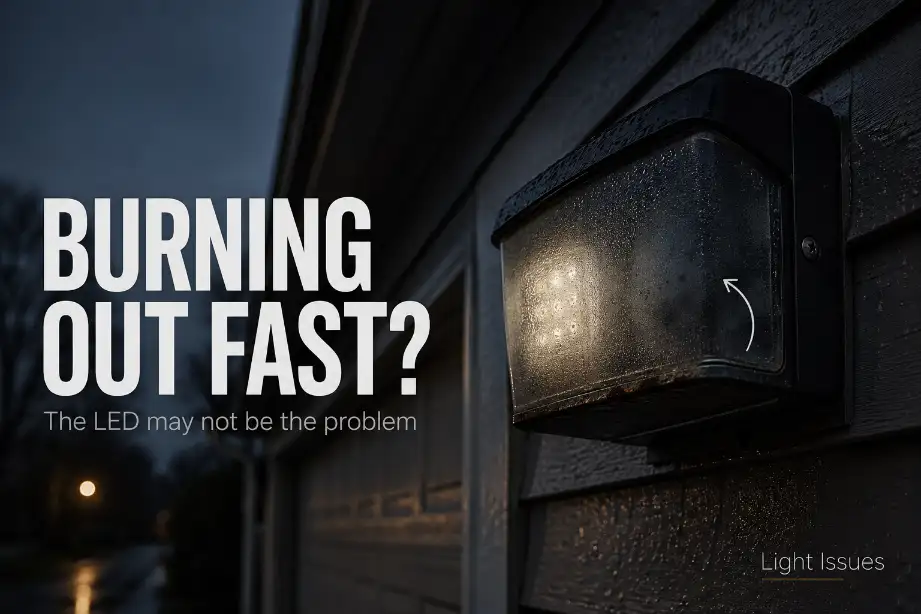 Premium cover image of an outdoor LED light with fogged lens and dim LEDs showing that fast burnout may be caused by driver, heat, or moisture problems.