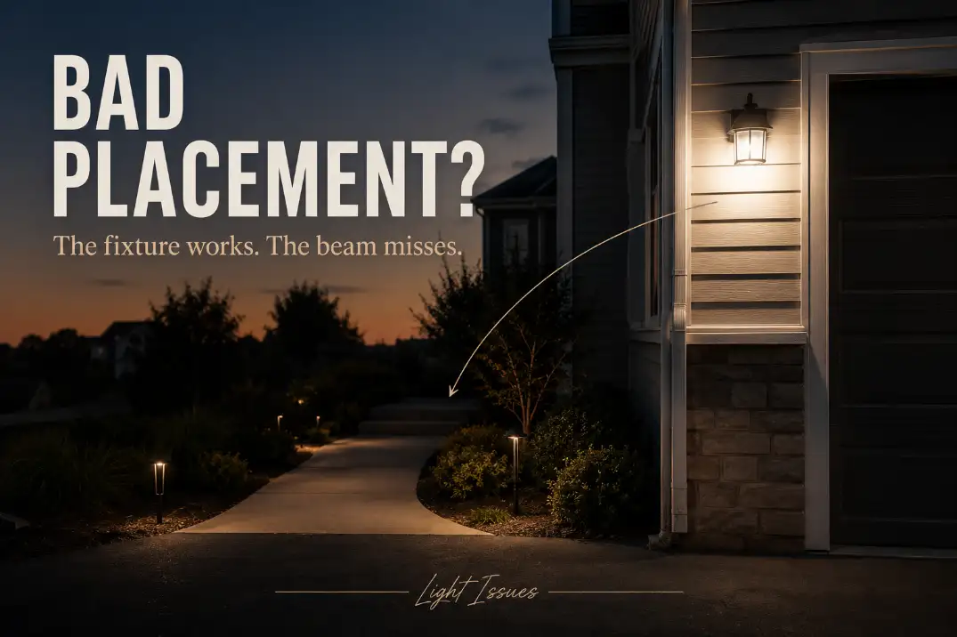 Premium cover image showing poor outdoor light placement with glare near the house and a dark walkway gap labeled Bad Placement.