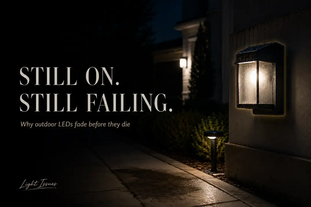 Premium cover image showing a dim outdoor LED light that is still on but failing, with cloudy lens and weak walkway illumination.