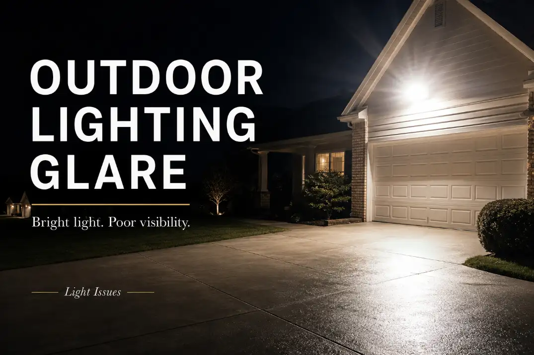 Premium cover image showing harsh outdoor LED lighting glare with text reading Outdoor Lighting Glare and Bright light Poor visibility