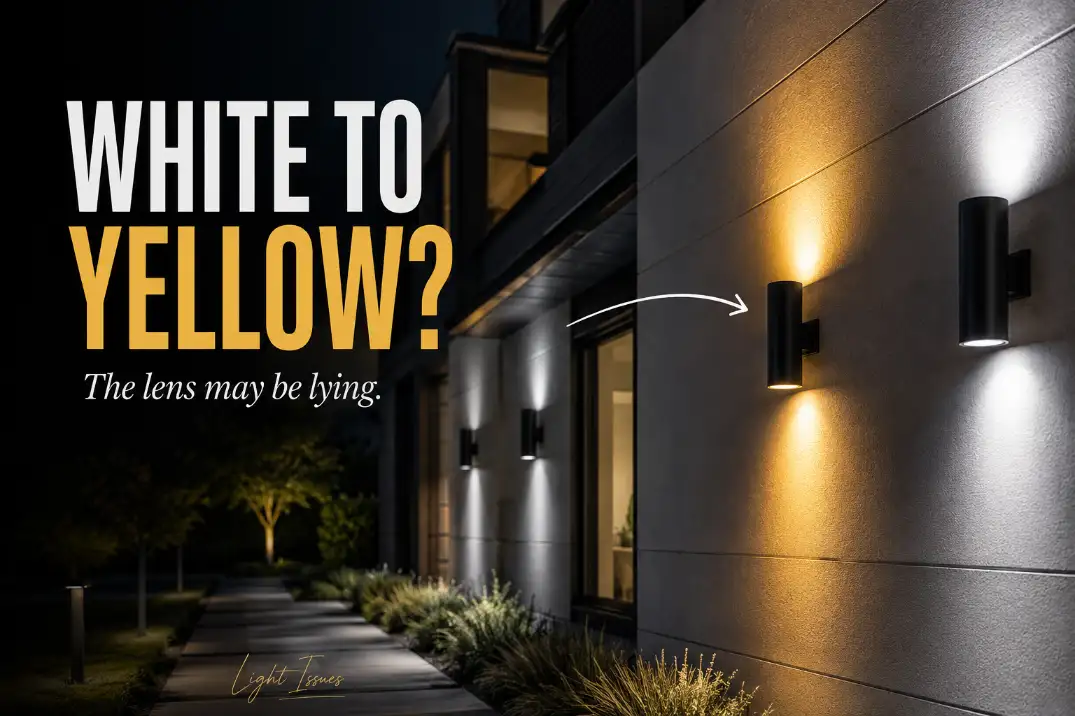 Outdoor LED wall light turning yellow while nearby matching lights stay white, showing possible lens aging or LED color shift.