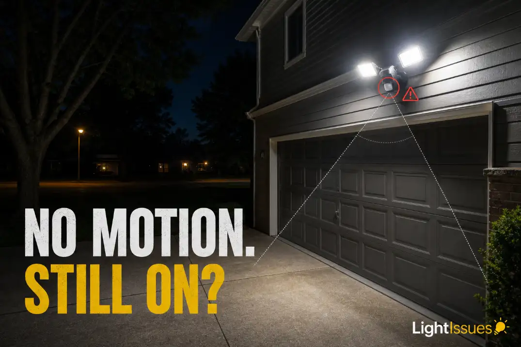 Motion sensor light staying on all night with no motion and diagnostic overlay around the sensor.